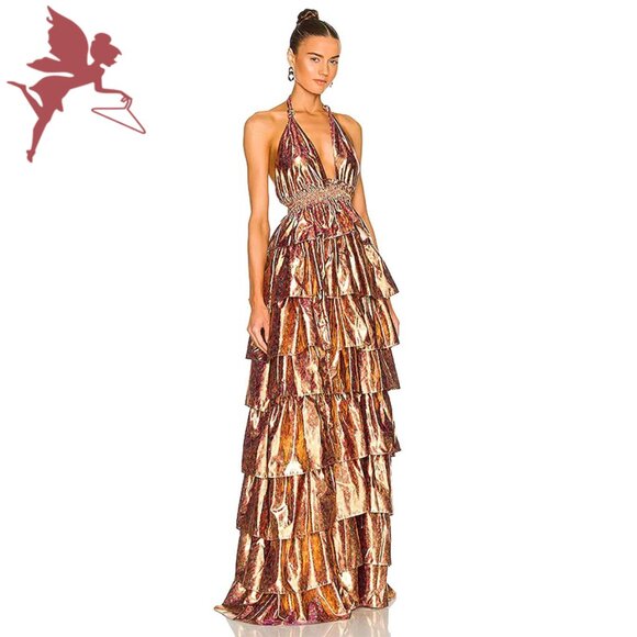LOVESHACKFANCY Bexlie Metallic Tiered Halter Gown - Picture 1 of 9